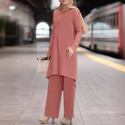 Conjunto informal de abaya de color liso con manga larga y encaje para mujer
