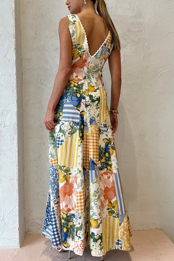Fashion Boho Women Elegant Graphic Print Deep V Neck Sleeveless Casual Maxi Dress