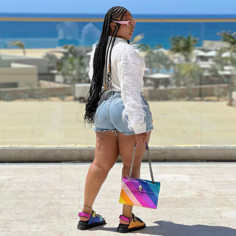 Women Fringed Brushed Denim Shorts Color Diamond Jeans Casual Straight Shorts