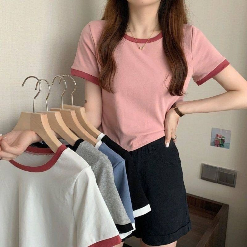 Camiseta informal de manga corta con cuello redondo y contraste de colores para mujer