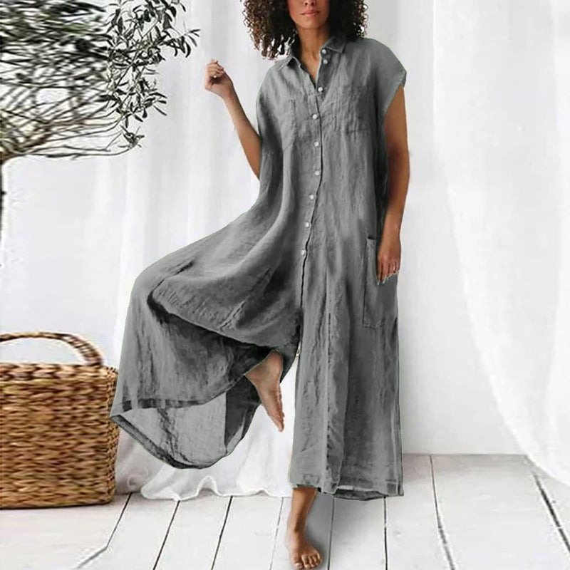 Casual Women Loose Comfortable Linen Solid Color Short Sleeve Single-Breasted Jumpsuits