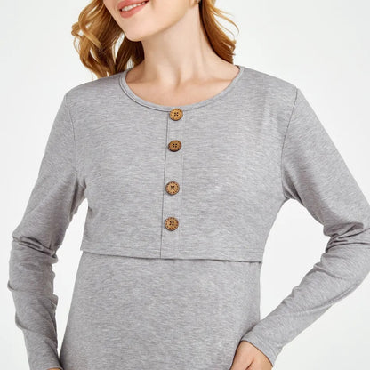 Pregnant Women Casual Solid Color Round Neck Long Sleeve Breastfeeding Dress