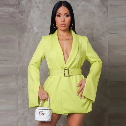 Women Fashion Casual Deep V Long Sleeve Blazer Dress Belt