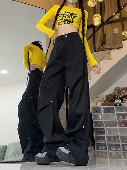 Pantalones cargo rectos informales de pierna ancha y cintura alta para mujer, moda urbana