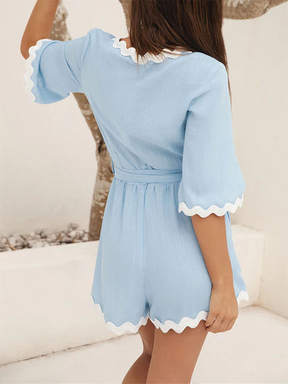 Women Fashion Casual Solid Color Wavy Edge V-Neck Short-Sleeve Lace-Up Rompers