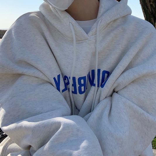 Sudadera con capucha de manga larga con bolsillos y letras para mujer, estilo informal, holgada, para otoño e invierno.
