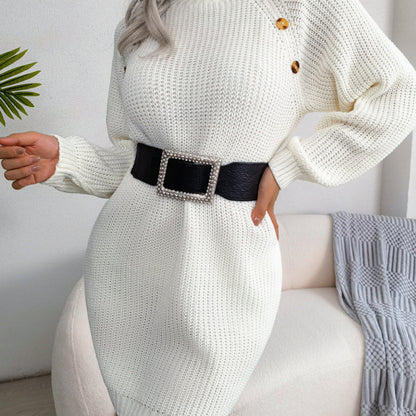 Vestido de punto de manga larga con cuello alto y botones informal a la moda para mujer Otoño Invierno