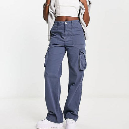 Women Fashion Casual Solid Color High Waist Pockets Cargo Pants