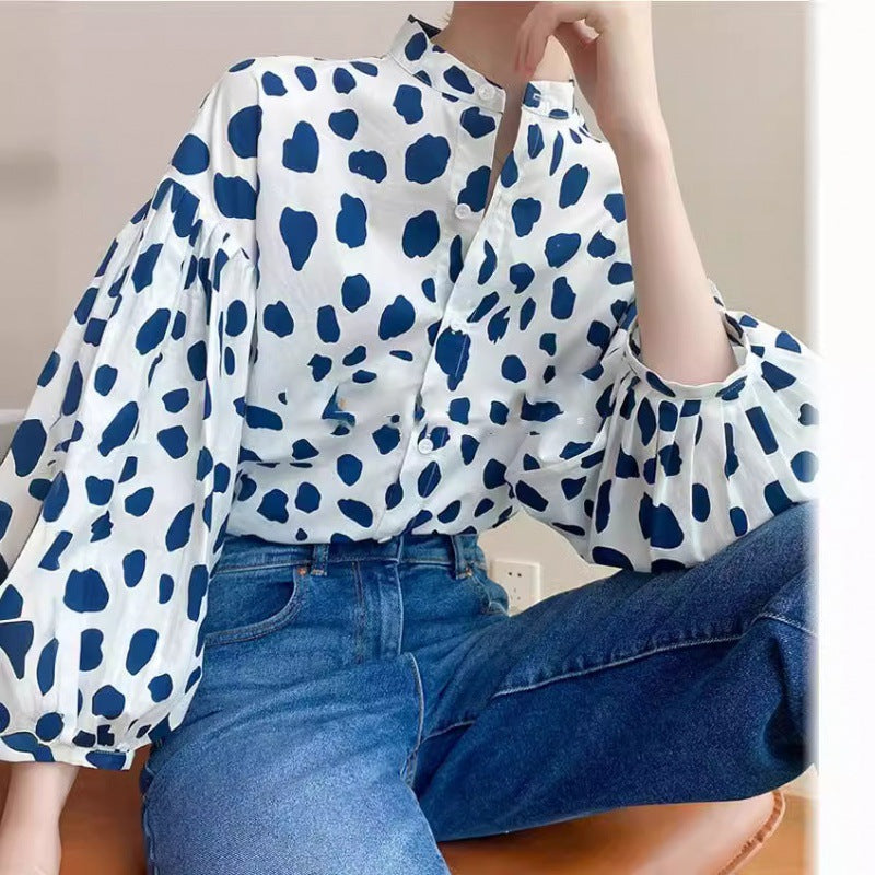 Blusa informal de moda para mujer con estampado de lunares, mangas abullonadas y botonadura sencilla