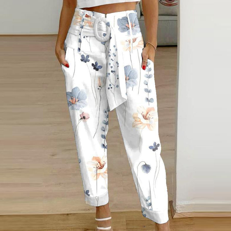 Women Casual Summer Solid Color Linen Floral Pants