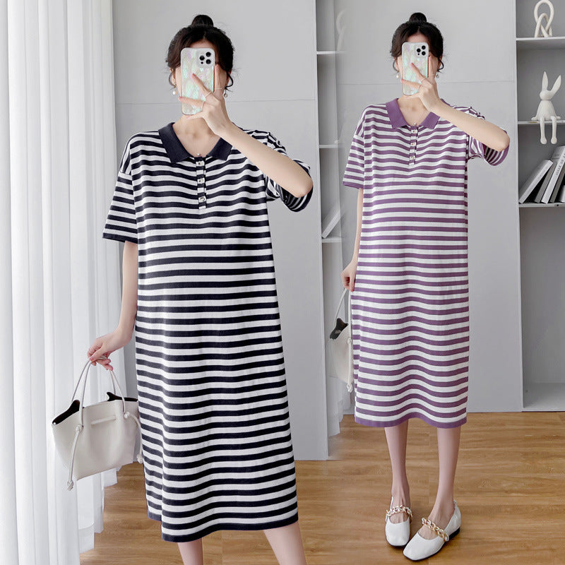 Vestido de maternidad informal de verano para mujer, con estampado de rayas y manga corta