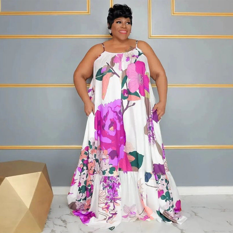 Women Plus Size Casual Loose Floral Leopard Print Spaghetti Strap Maxi Dress