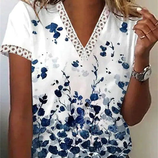 Blusa informal de verano para mujer, con escote en V, encaje, plumas, estampado floral, manga corta