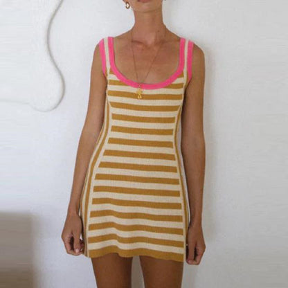 Vestido de punto informal con cuello en U y costuras a rayas para mujer