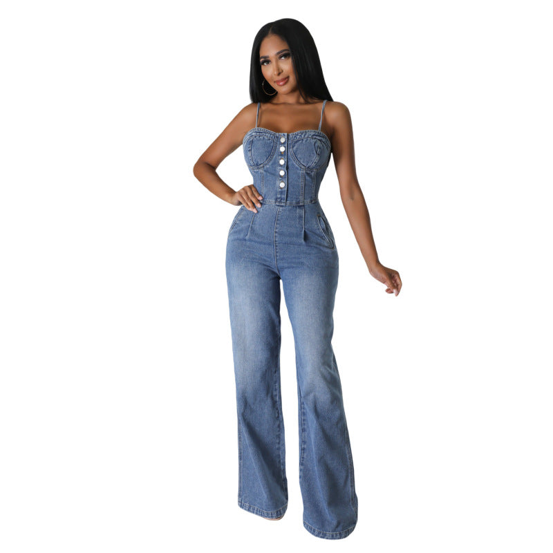 Women Fashion Casual Denim Suspenders Jumpsuits