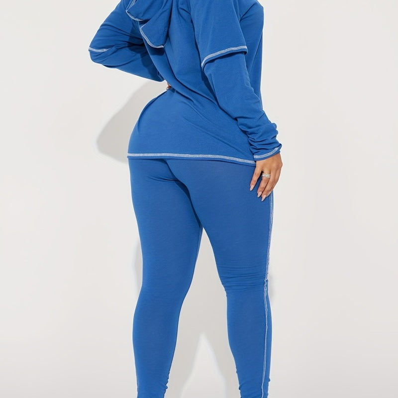 Conjunto de dos piezas de sudadera con capucha y pantalones ajustados de manga larga de color liso informal para mujer