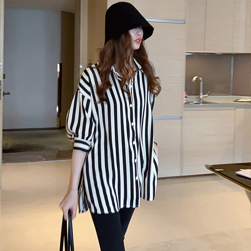 Blusas casuales de manga larga con estampado de rayas blancas y negras para mujer