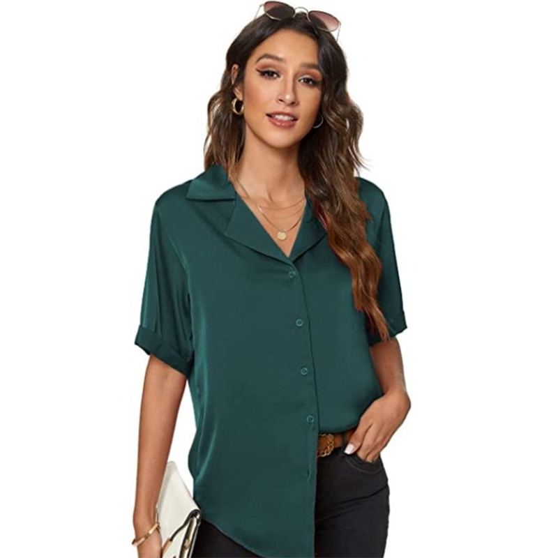 Blusa holgada informal de un solo pecho para mujer, elegante, de oficina, básica, de satén, de manga corta, de verano, de color liso