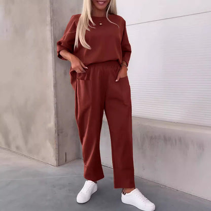 Autumn Winter Women Casual Solid Color Round Neck Long Sleeve Top Pocket Pants Two-Piece Set