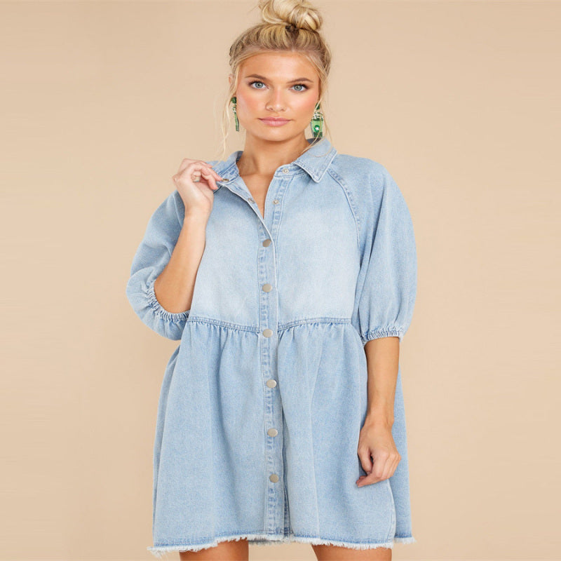 Women Fashion Casual Lapel Shirt Denim Dress