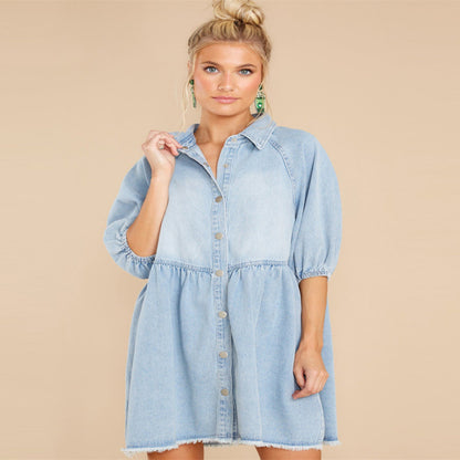 Women Fashion Casual Lapel Shirt Denim Dress