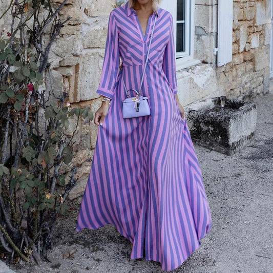 Women Fashion Casual Stripe Long Sleeve Maxi Shirt Dress