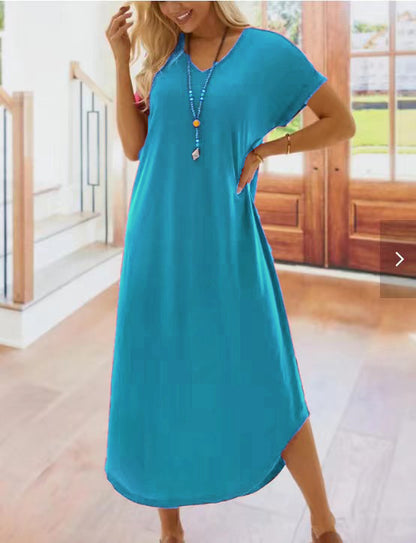 Women Casual Solid Color Short Sleeve V Neck Loose Maxi Dress