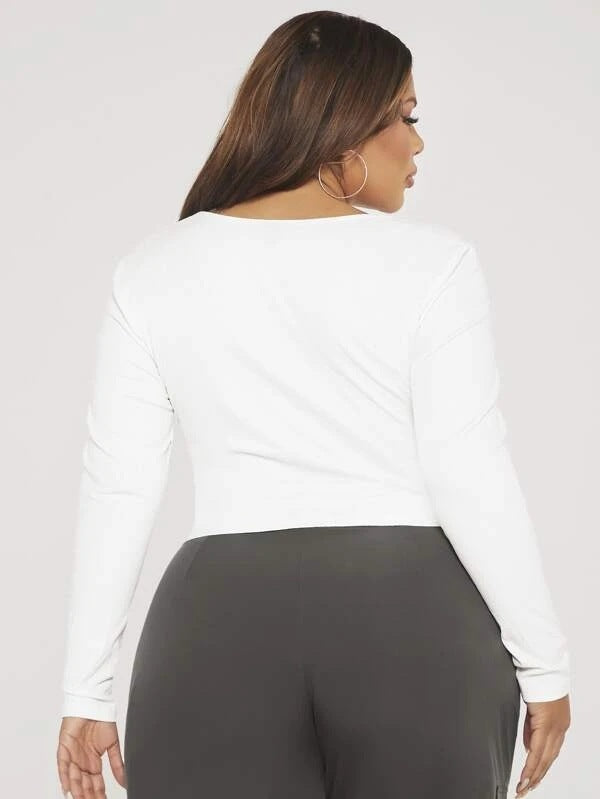 Camiseta informal de manga larga con abertura y cuello en V de color liso para mujer, talla grande
