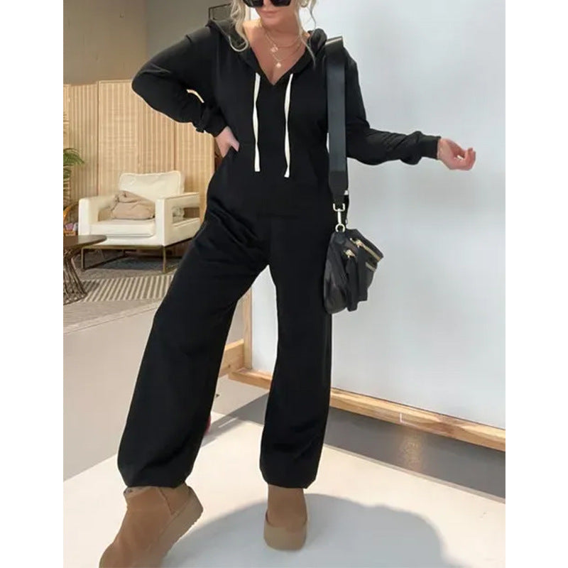 Women Fashion Casual Solid Color Long Sleeve Hoodie Jumpsuits