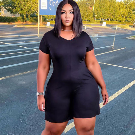 Women Casual Solid Color Short Sleeve Plus Size Romper