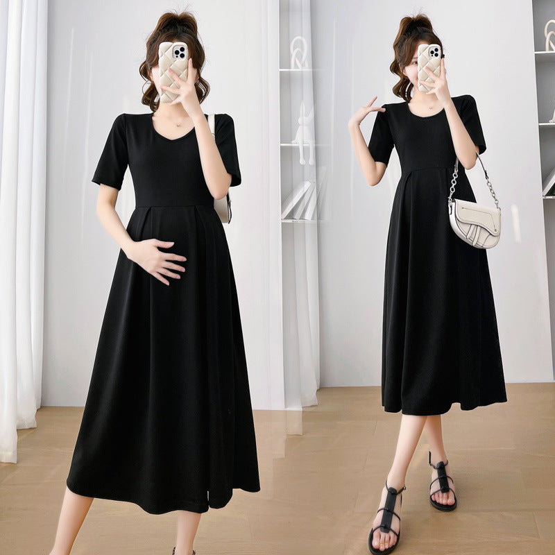 Summer Women Fashion Casual Solid Color Short Sleeve Maternity Dress