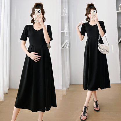 Summer Women Fashion Casual Solid Color Short Sleeve Maternity Dress