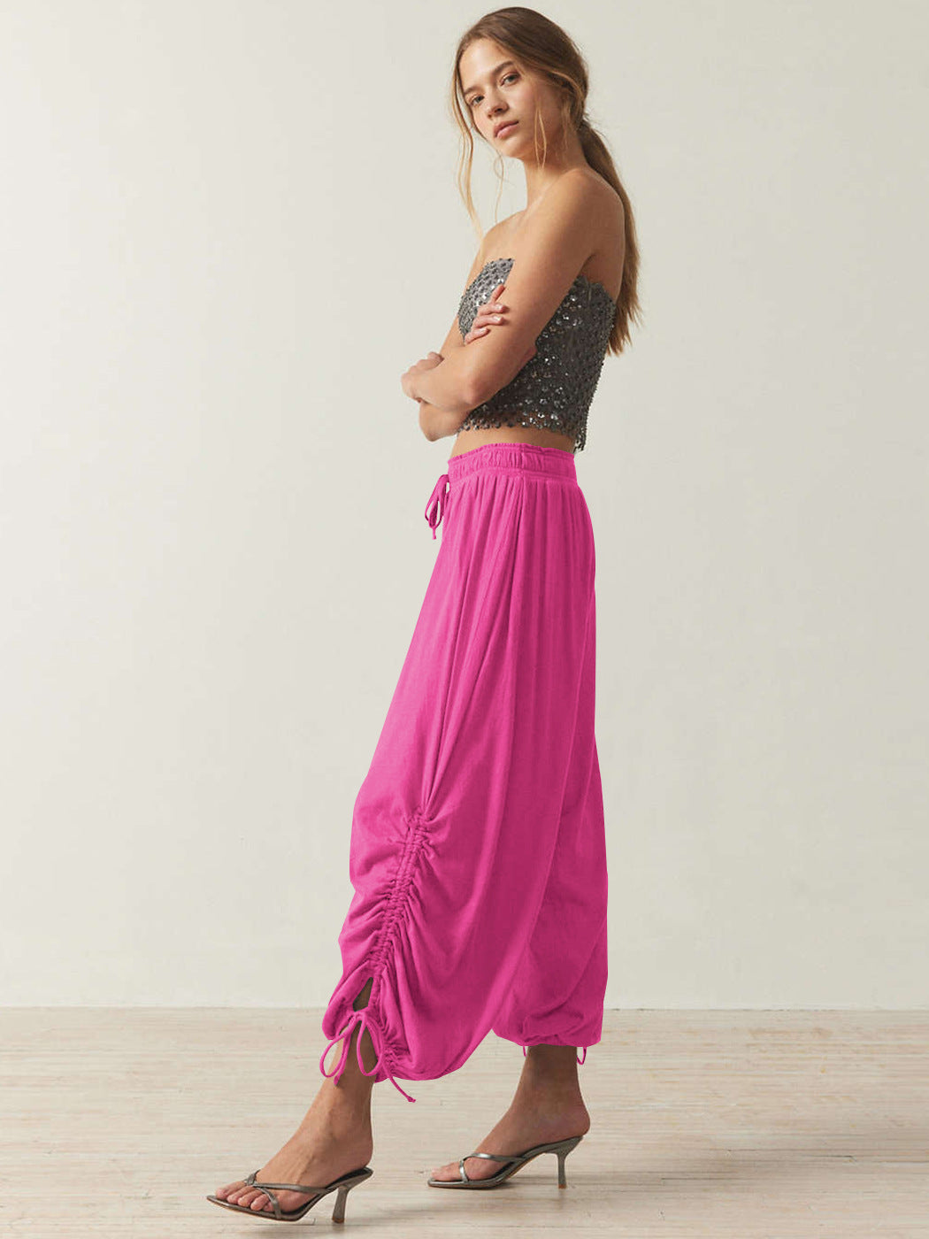 Women Casual Solid Color Drawstring Loose Pants
