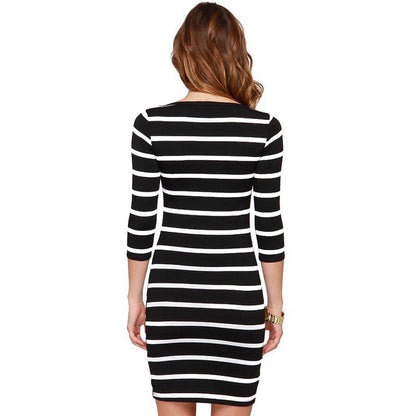 Women Casual Stripe Print Cropped Sleeve Dress