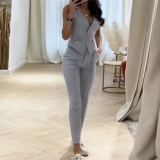 Conjunto de dos piezas informal de verano para mujer, color liso, estilo oficina chic, cintura definida, cuello en V y pantalones ajustados