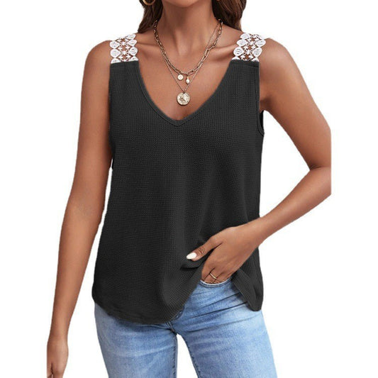 Casual Summer Women Solid Color Lace Waffle Patchwork Tank Top
