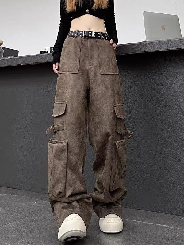 Casual Street Women Vintage Suede Biker Straight Leg Pocket Cargo Pants