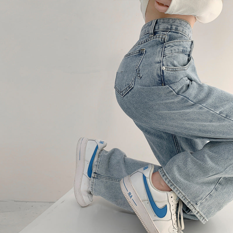 Vaqueros casuales de pierna ancha de color liso para mujer