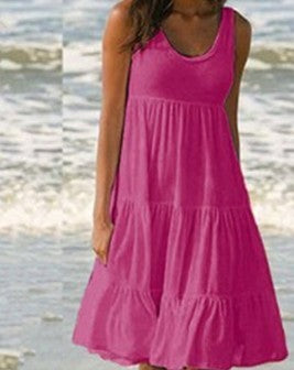 Women Casual Solid Color Sleeveless Round Neck Ruffled Loose Dress