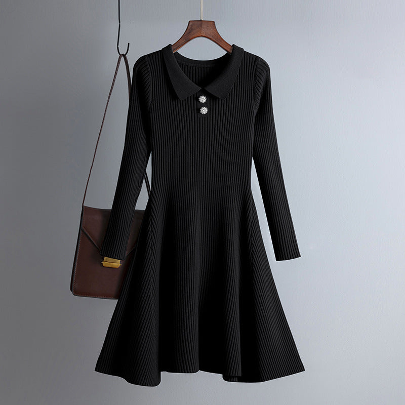 Vestido de punto de manga larga con solapa de color liso informal para mujer, otoño e invierno