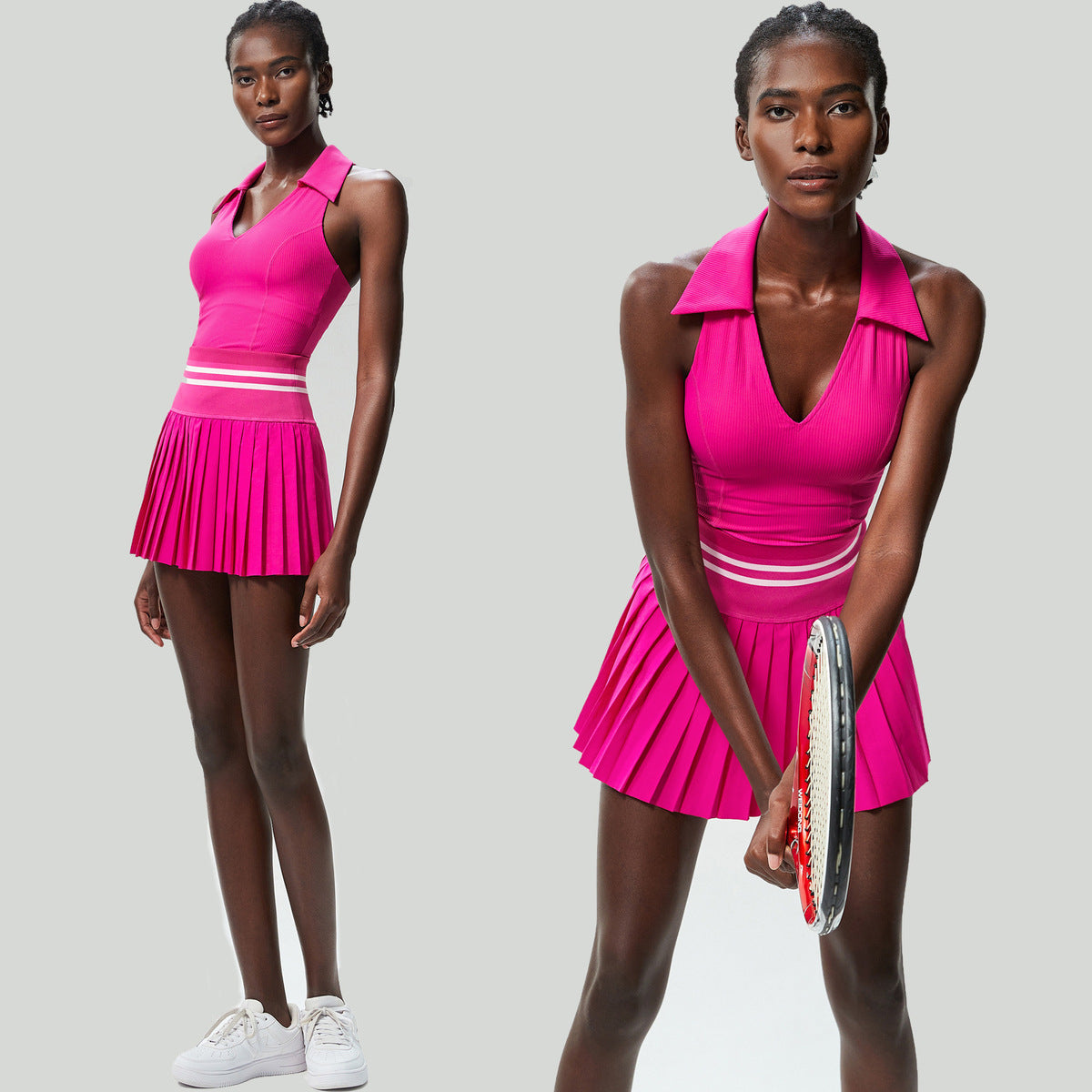 Conjunto de dos piezas para mujer, informal, con escote en V, sin mangas, deportivo, de tenis, con falda plisada y antideslizamiento