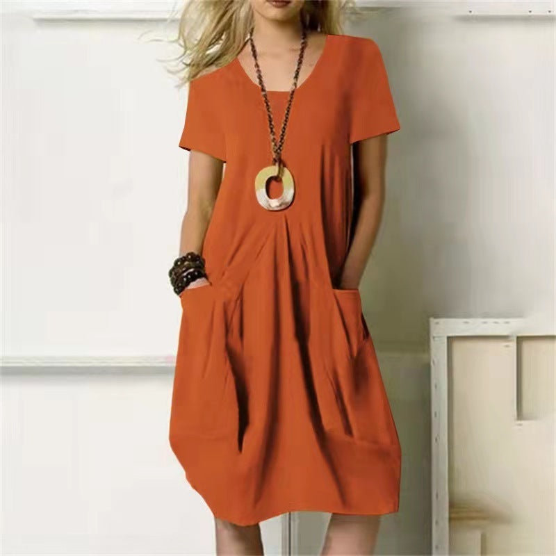 Women'S Fashion Casual Cotton Linen Solid Color Loose Round Neck Short Sleeve Dress