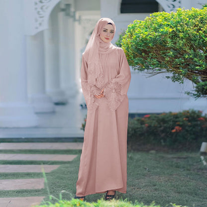 Women Casual Solid Color Lace Patchwork Abaya Long Sleeve Maxi Dress With Turban