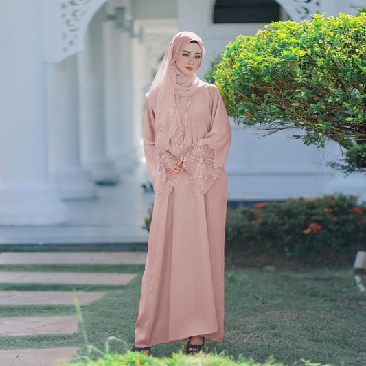 Women Casual Solid Color Lace Patchwork Abaya Long Sleeve Maxi Dress With Turban