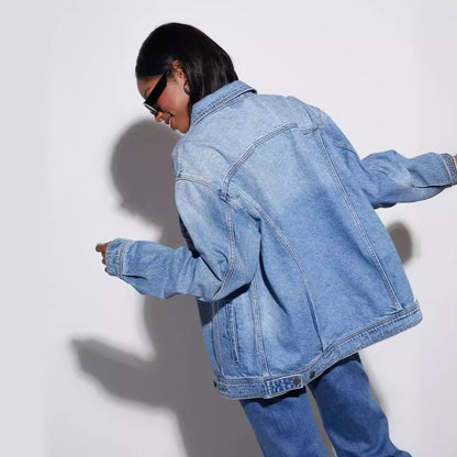 Chaqueta vaquera lavada azul claro para mujer, informal, holgada