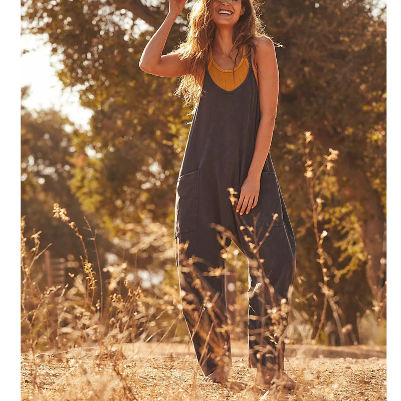 Women Casual Solid Color Pocket V Neck Loose Spaghetti Strap Jumpsuit