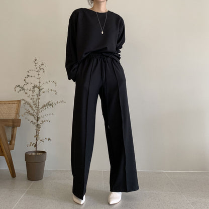 Women Fashion Casual Solid Color Loose Long Sleeve Top Drawstring Pants Two-Piece Set