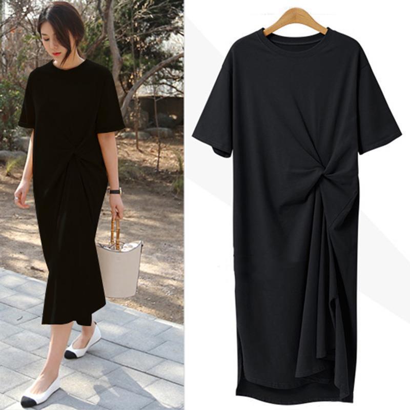 Women Basic Summer Casual Side-slit Short Sleeve Solid Color Round Neck Loose Dress