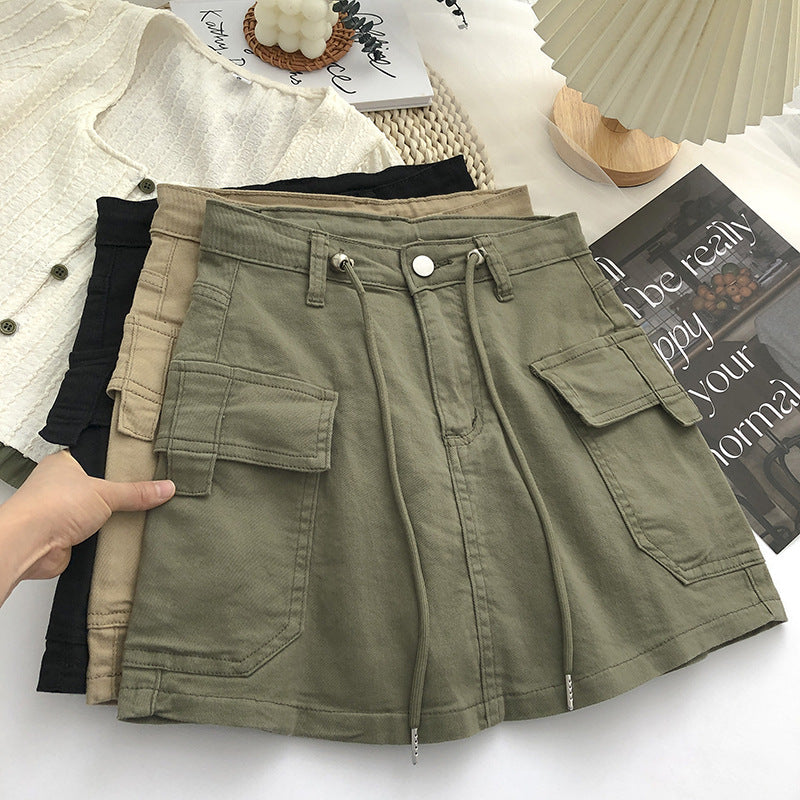 Women Fashion Casual Solid Color Drawstring Waist Denim Skirt
