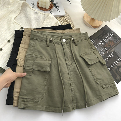 Women Fashion Casual Solid Color Drawstring Waist Denim Skirt